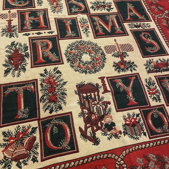 Christmas Tapestry Throw Blanket Goodwin Weavers 70x47 Fringe Red Green USA Made - Picture 4 of 16
